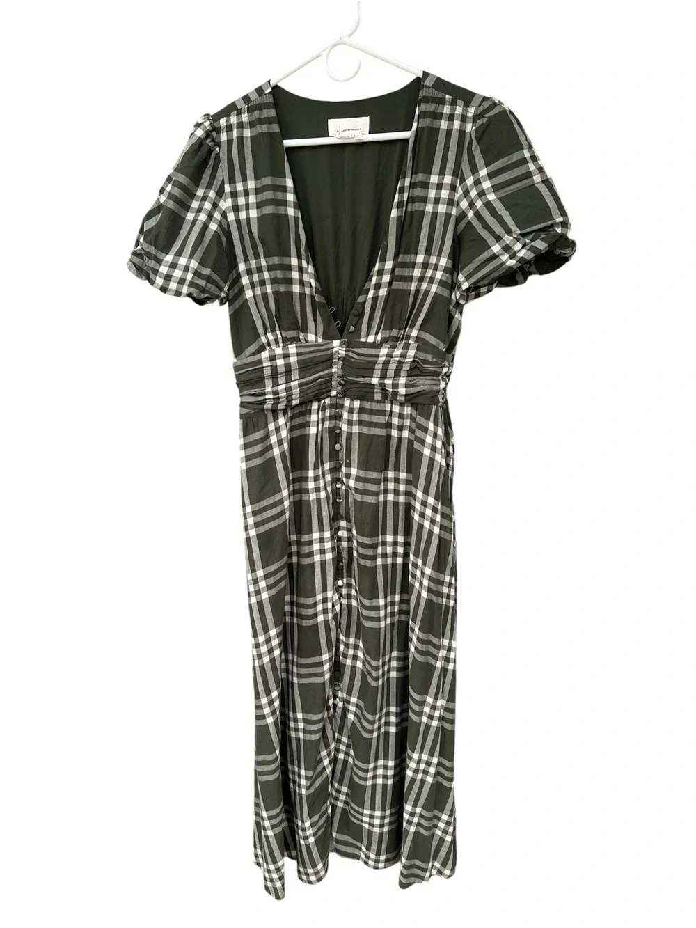 Anthropologie Katerina Button-Front Plaid Puff-Sleeve Midi Dress L - 100% Cotton - Picture 9 of 15